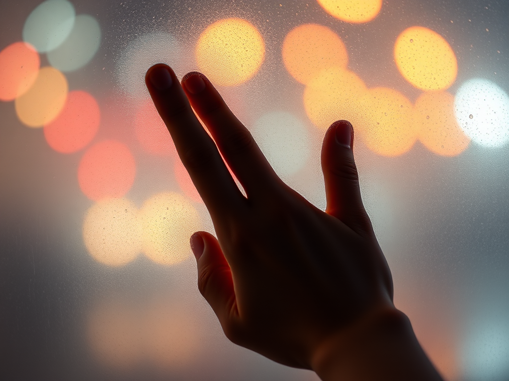 Create a high-contrast image of a hand pressed against a fogged glass surface with colorful bokeh lights in the background, using a Canon EOS R5, 50mm lens, aperture f/1.8, shutter speed 1/60 sec, ISO 200 to enhance clarity and detail.