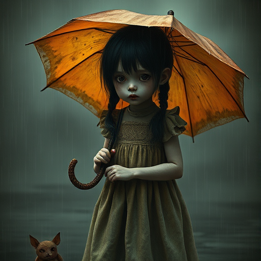 An eerie, weird little girl with dark hair in thin pigtails, wearing a smock dress, standing in the rain, holding a dirty orange umbrella, a small, odd creature beside her. In a surreal style inspired by Nicoletta Ceccoli and Brian Froud. Dark fantasy themes