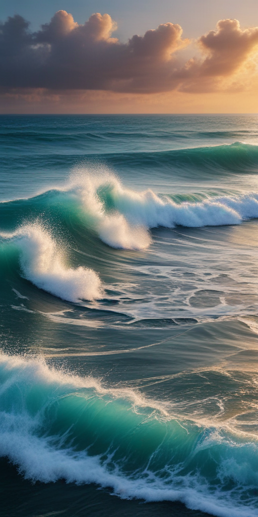 Serene Sunset Over Gentle Ocean Waves with Soft White Foam Cresting
