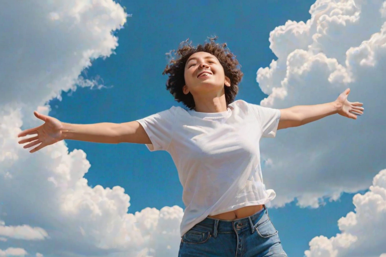 a drawing of a young person flying in a clear blue sky, arms outstretched, wearing casual clothes, with fluffy white clouds below