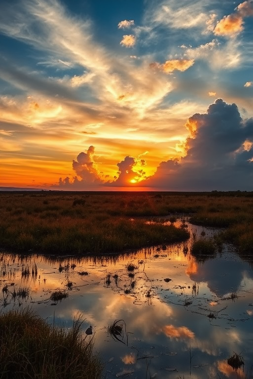 sunset over a wetland with reflective water and dramatic clouds, captured with a Canon EOS R5, 24mm lens, f/8 aperture, ISO 100, HDR style, golden hour lighting, wide-angle view