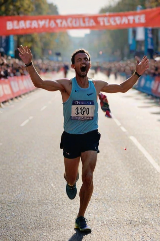 Blurry shot of a marathon runner crossing the finish line, arms raised in victory, with a cheering crowd behind a blurred banner, and confetti falling in mid-air.