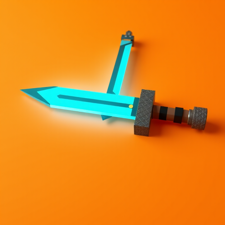 create a 3D render of a pixelated sword with a bright cyan blade and brown hilt, set against a smooth orange background, using a Canon EOS R5 camera with a 50mm f/1.2 lens, f/8 aperture, ISO 100, and a slight vignette for depth.