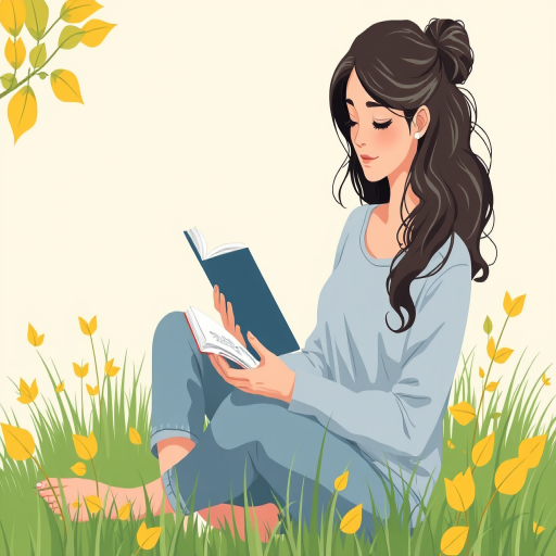 illustration of a woman reading a book while sitting cross-legged on the grass surrounded by yellow and green leaves, soft pastel background, high-resolution, shot with a DSLR camera, 50mm lens at f/1.8, daylight setting for soft lighting, vibrant colors and clear details