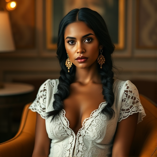 Create a portrait of a refined and elegant Native American woman seated in a sophisticated setting. She has long, wavy hair styled in two thick braids that are pulled over her shoulders. She wears a white, lace gown with intricate patterns, featuring a deep V-neckline and short sleeves. The dress exudes a vintage charm with its delicate lacework. She is adorned with ornate, dangling earrings that add a touch of glamour to her appearance. The background is softly lit, with warm, ambient lighting that creates a cozy and inviting atmosphere. Her expression is poised and serene, capturing a sense of grace and elegance.