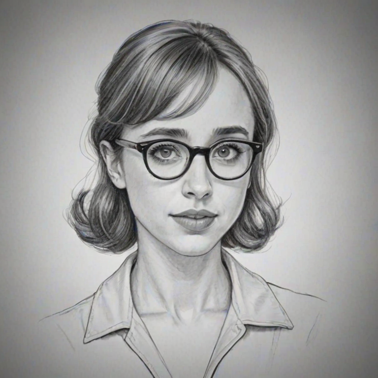 Graceful Zoe Kazan, pencil sketch, portrait of Gorgeous woman 1953s in glasses, hair style beatnik, outline, clear lines, fine lines, 8k