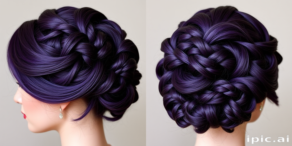 Regal deep purple updo named "Amethyst Crown" featuring intricate braided details, jewel-toned highlights woven throughout, soft tendrils framing face, ornate pinned curls at nape, majestic and elegant style