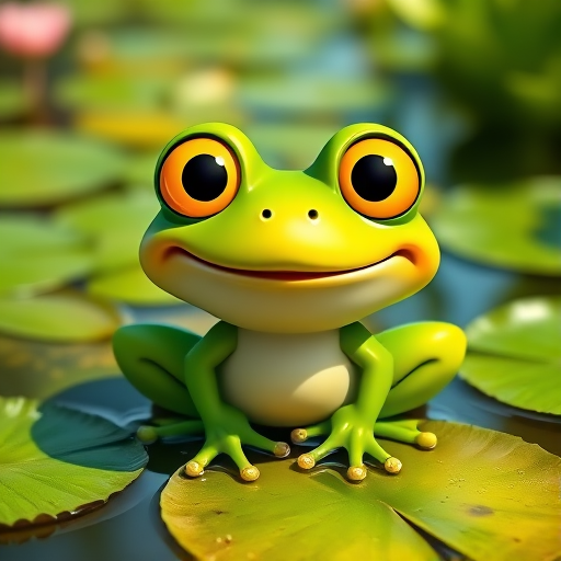 Create a cartoon-style image of a smiling green frog with large yellow eyes, sitting on a lily pad in a vibrant pond, captured with a DSLR camera at a 50mm focal length, f/2.8 aperture, ISO 100, in natural light with a shallow depth of field.
