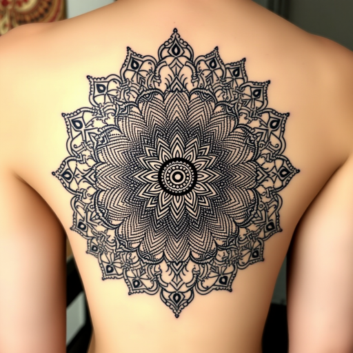 Ornate dotwork mandala tattoo called "Sacred Bloom" showcasing intricate patterns of tiny dots forming a large, circular design inspired by traditional Hindu and Buddhist symbolism, with layers of intricate details radiating outward from a central focal point, creating a mesmerizing and meditative piece of body art