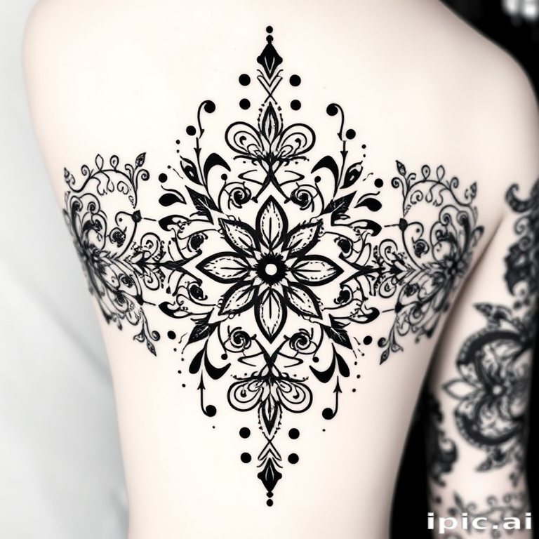 Ornamental blackwork tattoo titled "Lace Elegance" featuring intricate patterns inspired by delicate lace designs with symmetrical arrangements of swirls dots and geometric shapes creating a visually stunning and feminine aesthetic