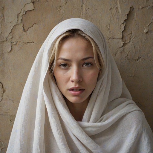 Create a close-up photographic image of a Eurasian woman with light skin tones shown against an old, worn wall. Their head is wrapped in a white cloth covering (i.e.... parts of the head except the nose and mouth, which are open as if they are screaming...), with a slight texture and visible folds in the fabric. Thin strands of blonde hair escape from the wrapping above, falling lightly at the top and sides. Their hands hold the fabric as if they are tugging nervously. The lighting is dramatic and even, casting strong shadows. The image has a minimalist and surreal style with an emphasis on simplicity with soft color tones. The composition is centered.
