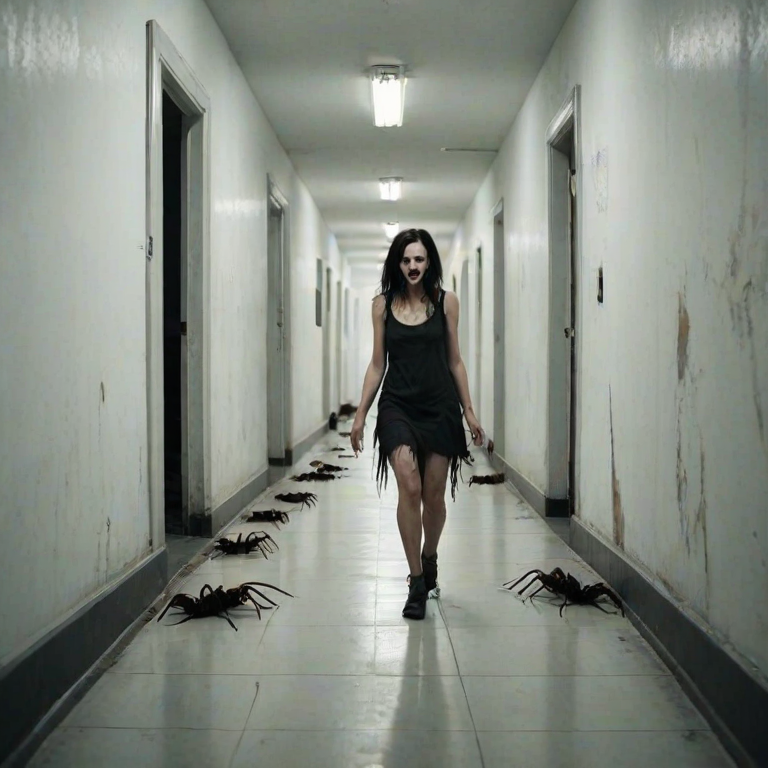 a crooked female with long arms and a creepy smile is crawling along a long white corridor and you can also see cockroaches in it there is a creepy atmosphere creepy art style