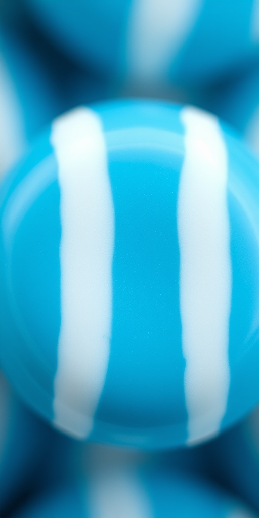 Create a high-resolution image of a stylized blue candy with two white stripes, using a macro lens at f/2.8, ISO 100, and a 50mm focal length, captured from a top-down view with soft, diffused lighting to enhance colors and details.