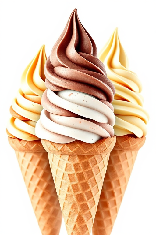 Create an artistic illustration of three ice cream cones with peach, chocolate, and vanilla flavors, focusing on watercolor style, using a soft focus lens and bright daylight setting, shot with a DSLR camera at ISO 100, aperture f/4.0, and shutter speed 1/125s for enhanced detail and clarity.