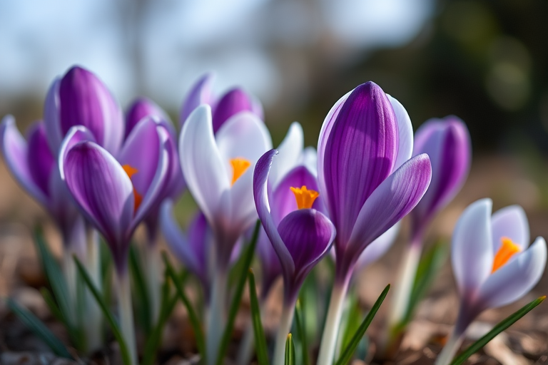 Create a detailed close-up image of purple and white crocus flowers with soft focus background, using a DSLR camera, f/2.8 aperture, 50mm lens, ISO 100, natural light, shot from a low angle to emphasize depth.