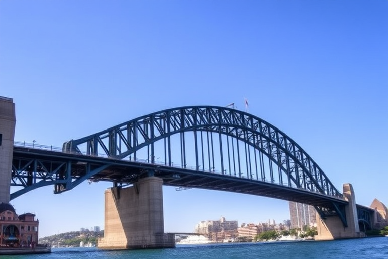 Generate a high-resolution image of the Sydney Harbour Bridge with a clear blue sky in the background, shot from a low angle perspective using a DSLR camera with a 24mm lens at f/8, ISO 100, and a shutter speed of 1/200 sec for optimal clarity and detail.