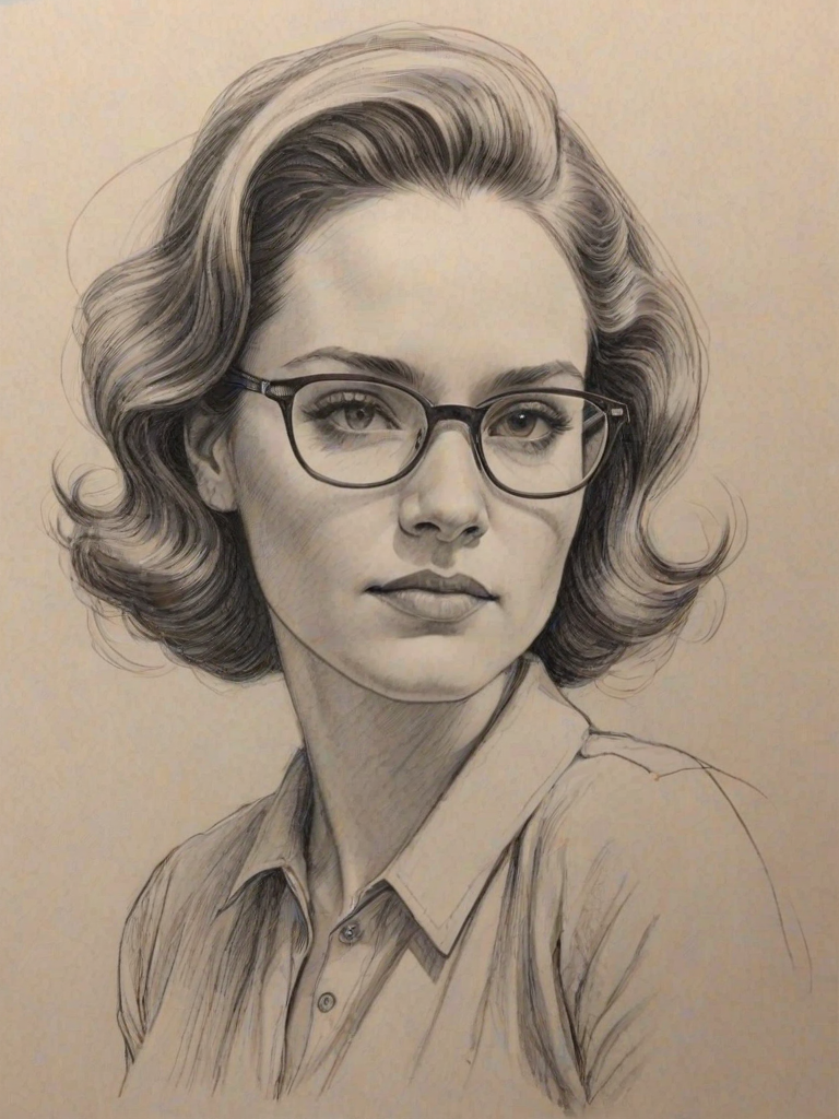 Superb Chad L. Coleman, pencil sketch, portrait of Graceful woman 1942s in glasses, hair style beatnik, outline, clear lines, fine lines, 8k