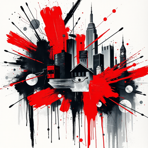 Trash polka tattoo named "Urban Chaos" combining realistic black and gray elements with bold red accents and abstract brush strokes creating a dynamic and edgy composition