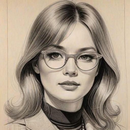 Bewitching Bobby Lee, pencil sketch, portrait of Beauteous woman 1970s in glasses, hair style beatnik, outline, clear lines, fine lines, 8k