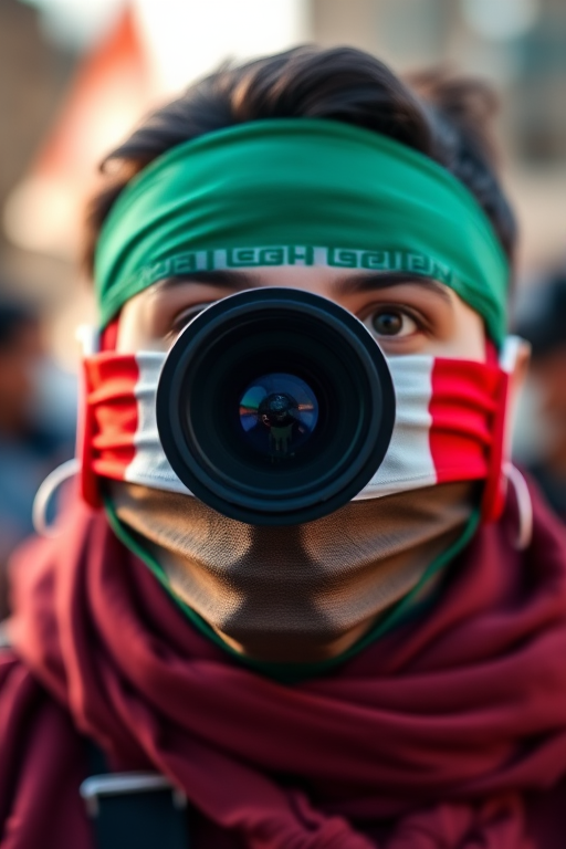 Create a high-resolution image of a face mask featuring the Iranian flag, using a DSLR camera with a 50mm lens, aperture set to f/2.8, ISO 100, shot in natural lighting, capturing the mask from a front view with a slight tilt for depth.