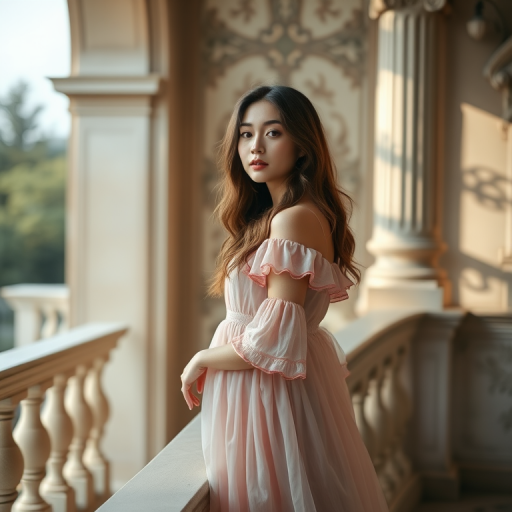 A young woman in a flowing pastel dress stands by an ornate balcony, illuminated by soft natural light, captured with a Canon EOS R5, 50mm lens, f/1.8 aperture, ISO 100, and a shallow depth of field to create a dreamy, ethereal atmosphere.