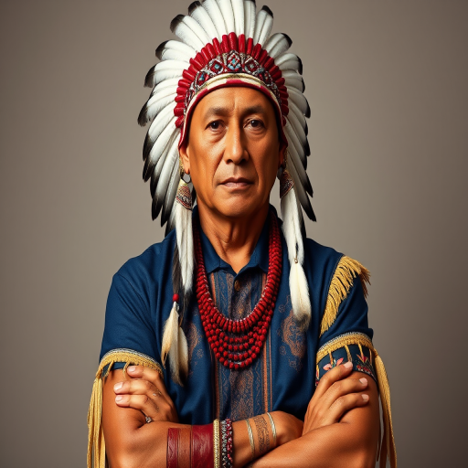 Create a dignified portrait of a Native American man dressed in traditional attire. He wears a beautifully crafted headdress adorned with white feathers and red beads, along with a beaded headband featuring intricate patterns. His clothing includes a deep blue, patterned shirt and a traditional chest piece with detailed beadwork. His arms are crossed, displaying leather armbands decorated with feathers. The background is simple and neutral, emphasizing his proud and stoic expression. The overall image captures the rich cultural heritage and strength of his persona.