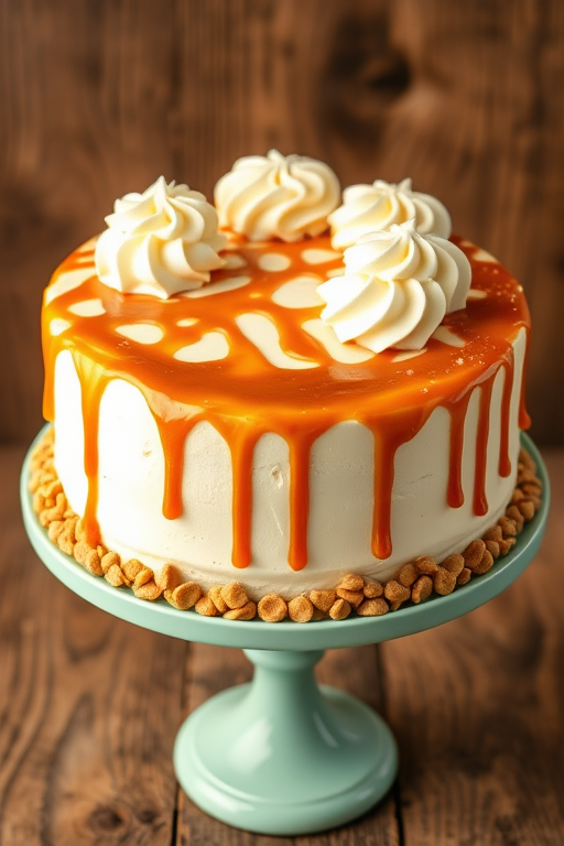 Create an image of a round cake with a smooth caramel topping and swirls of buttercream frosting on top. The sides of the cake should be covered in caramel chips and drizzled with caramel sauce. Display the cake on a mint green cake stand against a rustic wooden background.