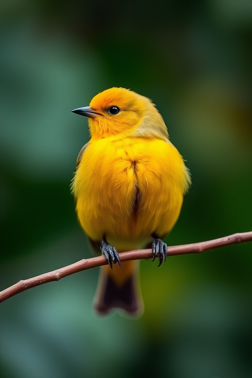 Capture a vivid, close-up shot of a yellow bird perched on a branch, featuring soft bokeh in the background to enhance the foreground details, using a DSLR camera with a 85mm lens, aperture set to f/2.8, shutter speed at 1/400s, and ISO 200 for optimal clarity and color saturation.