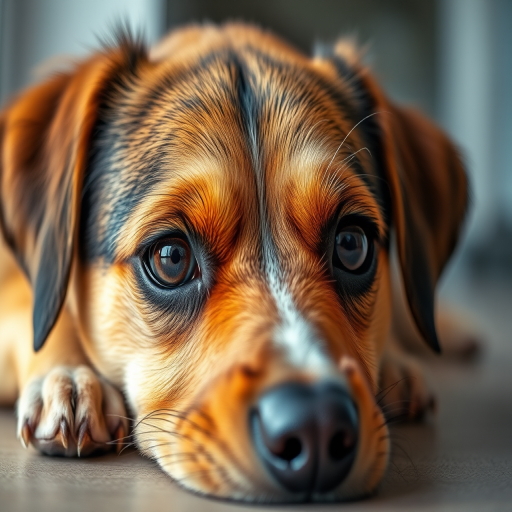 Capture a close-up image of a resting dog with a focus on its expressive eyes and fur texture, using a DSLR camera, 50mm lens, f/2.8 aperture, ISO 100, natural lighting, and a shallow depth of field to enhance details and create a soft background blur.