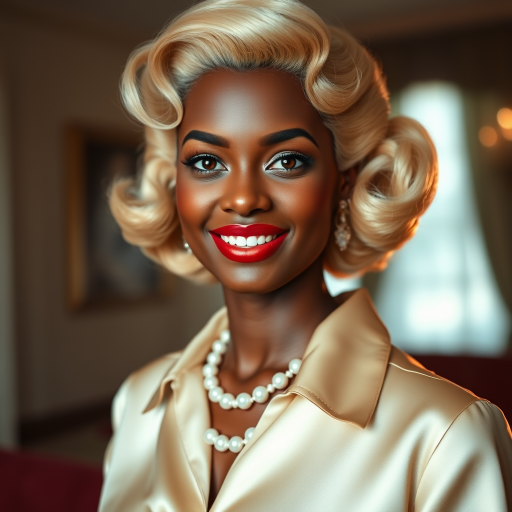 A beautiful Afro-Caribbean woman reminiscent of 1950s Hollywood glamour, with perfectly styled blonde hair and a seductive smile, dressed in a satin blouse and adorned with pearls, soft and warm tones, photorealistic, 8K