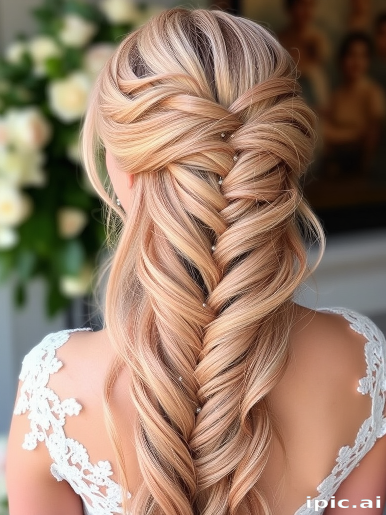 Soft rose gold waves cascade down in a waterfall braid, intertwined with delicate crystal beads that catch the light, creating a romantic and ethereal bridal look.