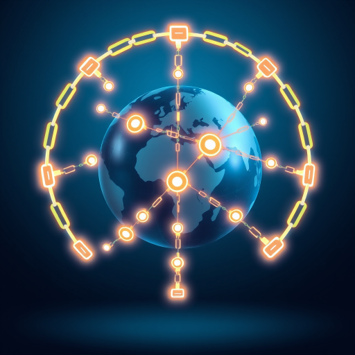 Create a digital illustration of a stylized globe interconnected with glowing chains and circuit patterns, with a blue gradient background, using a Canon EOS R5, 50mm lens, f/1.8 aperture, ISO 100, shot from a straight-on view with a high dynamic range for enhanced detail.