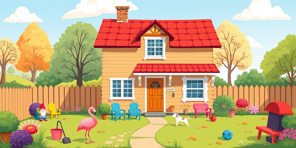 Create a vibrant and whimsical illustration of a cozy two-story house with a red roof, surrounded by playful garden elements like a pink flamingo, a gnome, colorful chairs, and various outdoor toys, using a wide-angle lens, f/8 aperture for sharp focus, natural daylight for soft lighting, and a digital art style for clarity and detail.