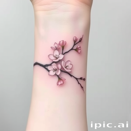 Delicate fine line tattoo of a blooming cherry blossom branch wrapping around the wrist, incorporating soft pink and white hues with subtle gray shading, emphasizing minimalist elegance and botanical precision