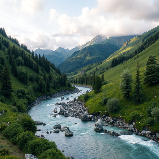 Generate a high-resolution image of a serene landscape featuring a river flowing through a lush green valley with mountains in the background, captured with a DSLR camera at f/8 aperture, ISO 100, 1/125 sec shutter speed, using a wide-angle lens at 24mm, with a soft focus effect for a dreamy ambiance.