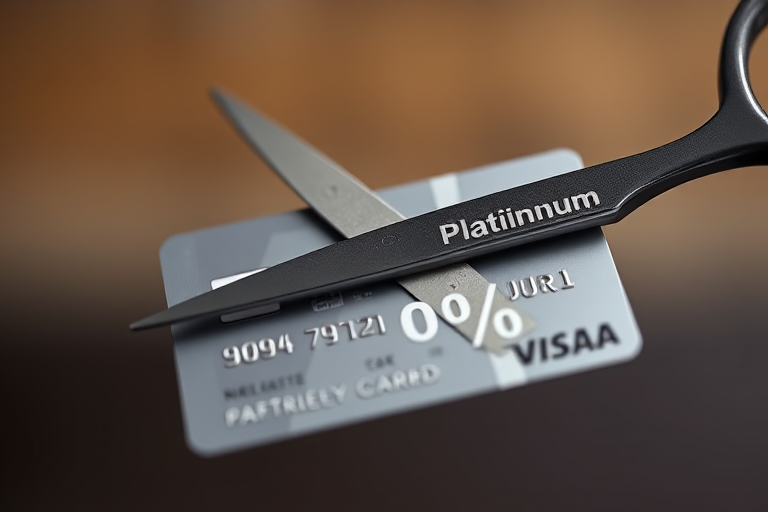 Generate an image of a pair of scissors cutting through a credit card with the text "Platinum" and "0%" visible, shot with a Canon EOS 5D Mark IV, 50mm lens, f/2.8 aperture, ISO 100, in a well-lit studio setting, focus on the scissors and card with a shallow depth of field.