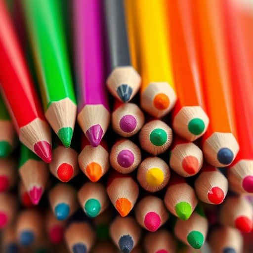 Close-up shot of a vibrant array of colored pencils arranged in a fan, shallow depth of field, ISO 100, f/2.8 aperture, 50mm lens, natural lighting, macro photography.
