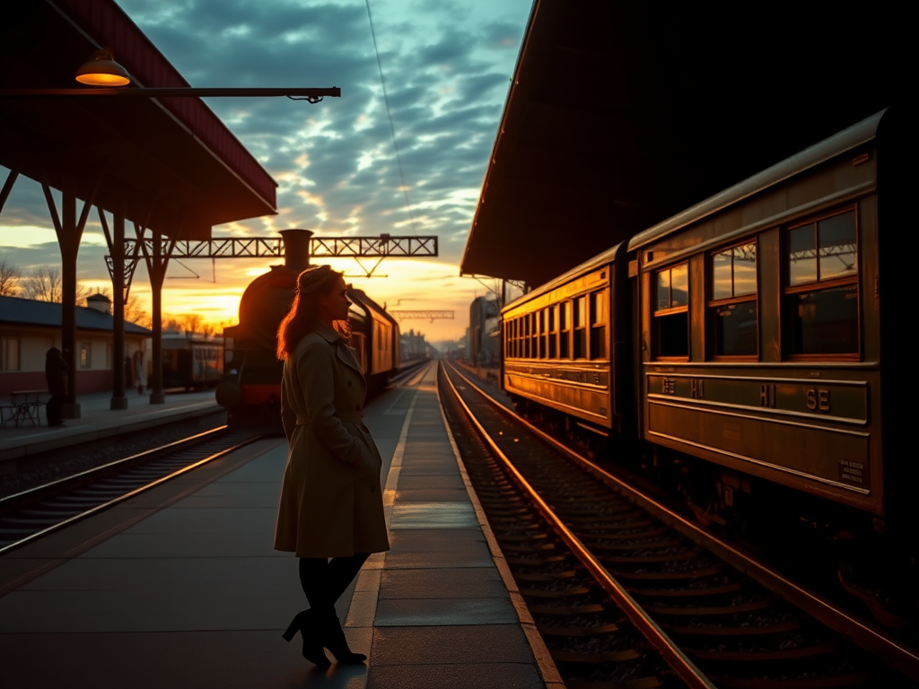 Old train station at dusk, with a vintage locomotive parked on the track, a woman in a trench coat waits on the platform, the setting sun casting long shadows behind her.