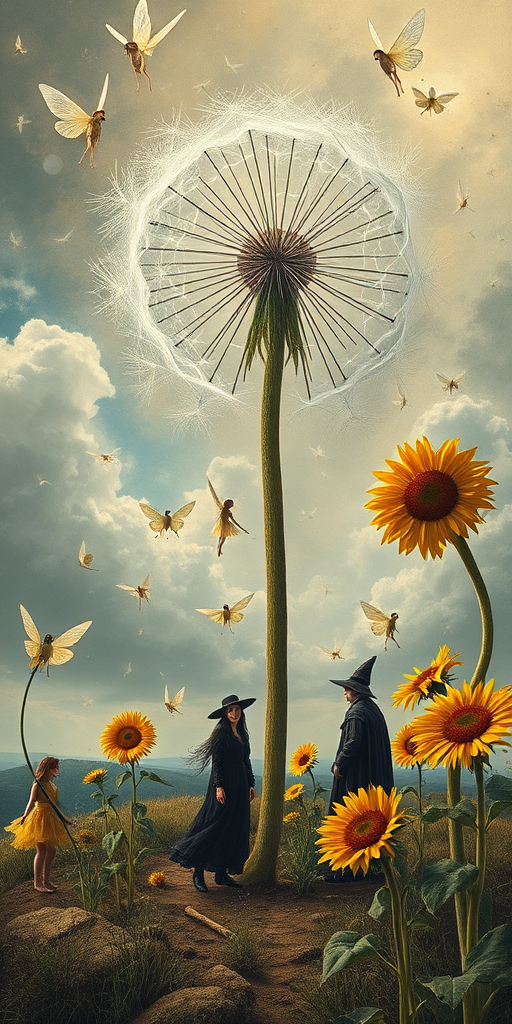 A surreal allegory featuring ethereal fairies, towering sunflowers, and an enigmatic witch, all set within a dreamlike landscape. The scene is dominated by a colossal dandelion, its delicate seeds floating through the air, reminiscent of Yves Tanguy's abstract forms. The environment is a blend of otherworldly elements and natural beauty, with twisted, elongated shapes and surreal colors that evoke a sense of mystery and enchantment.