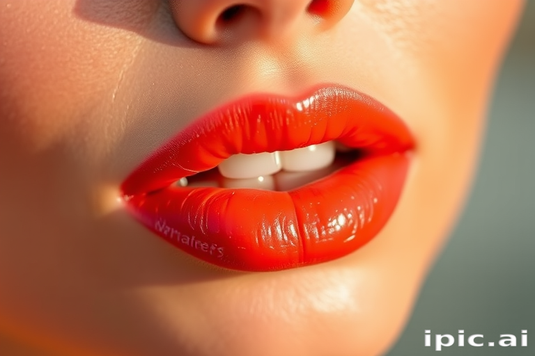 Vibrant coral "Sunset Breeze" lip color with a glossy finish, featuring subtle gold shimmer and a plumping effect, perfect for summer evenings and beach parties