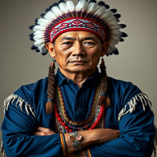 Create a dignified portrait of a Native American man dressed in traditional attire. He wears a beautifully crafted headdress adorned with white feathers and red beads, along with a beaded headband featuring intricate patterns. His clothing includes a deep blue, patterned shirt and a traditional chest piece with detailed beadwork. His arms are crossed, displaying leather armbands decorated with feathers. The background is simple and neutral, emphasizing his proud and stoic expression. The overall image captures the rich cultural heritage and strength of his persona.