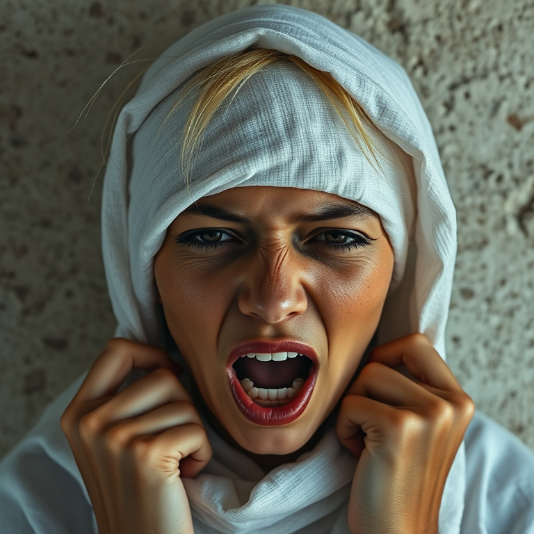 Create a close-up photographic image of a taino woman with light skin tones shown against an old, worn wall. Their head is wrapped in a white cloth covering (i.e.... parts of the head except the nose and mouth, which are open as if they are screaming...), with a slight texture and visible folds in the fabric. Thin strands of blonde hair escape from the wrapping above, falling lightly at the top and sides. Their hands hold the fabric as if they are tugging nervously. The lighting is dramatic and even, casting strong shadows. The image has a minimalist and surreal style with an emphasis on simplicity with soft color tones. The composition is centered.