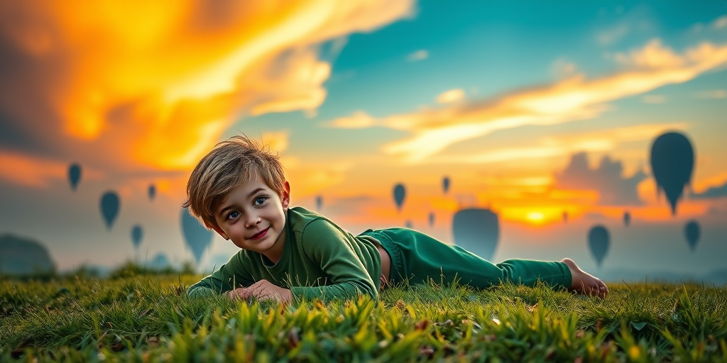Create a fantasy scene with a young character in a green outfit laying on a grassy foreground, dreamy floating islands in the background under a colorful sunset sky with vibrant clouds, using a Canon EOS R5, 24mm f/1.4 lens, aperture f/4, ISO 100, with soft focus and high dynamic range for enhanced image quality.