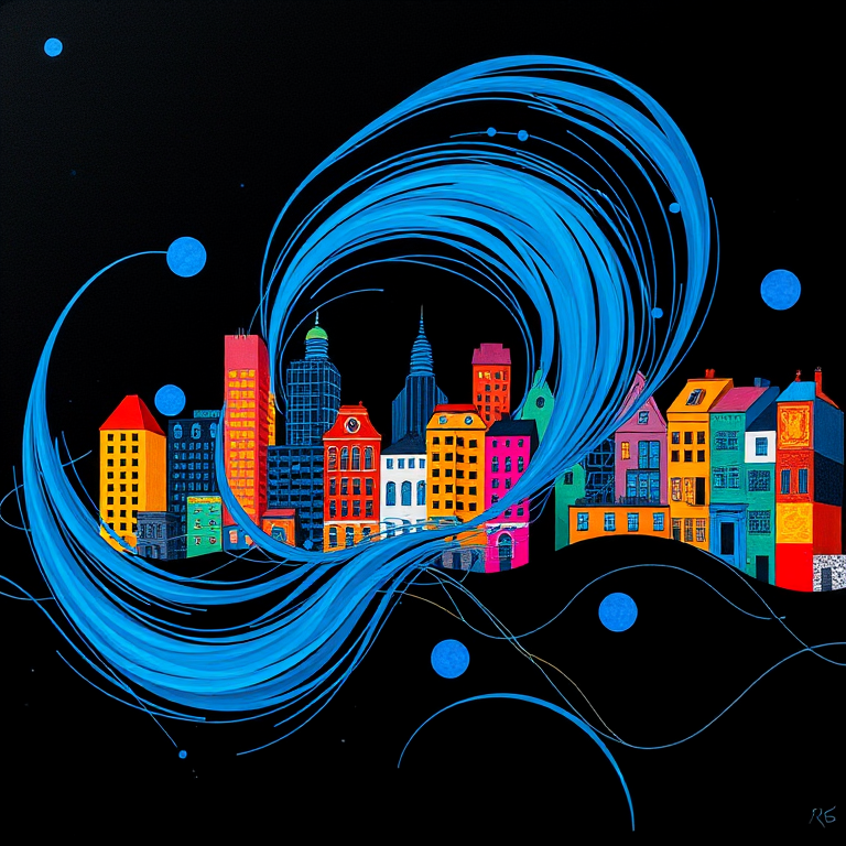 A vibrant abstract cityscape featuring swirling blue shapes against a black background, colorful buildings with geometric patterns, captured with a Canon EOS R5, 50mm lens, f/1.8 aperture, ISO 100, in a sharp and vivid style, with a balanced exposure to enhance color saturation and contrast.