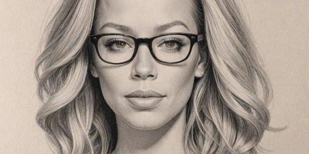 Wonderful Kendra Wilkinson, pencil sketch, portrait of Charming woman 1972s in glasses, hair style beatnik, outline, clear lines, fine lines, 8k