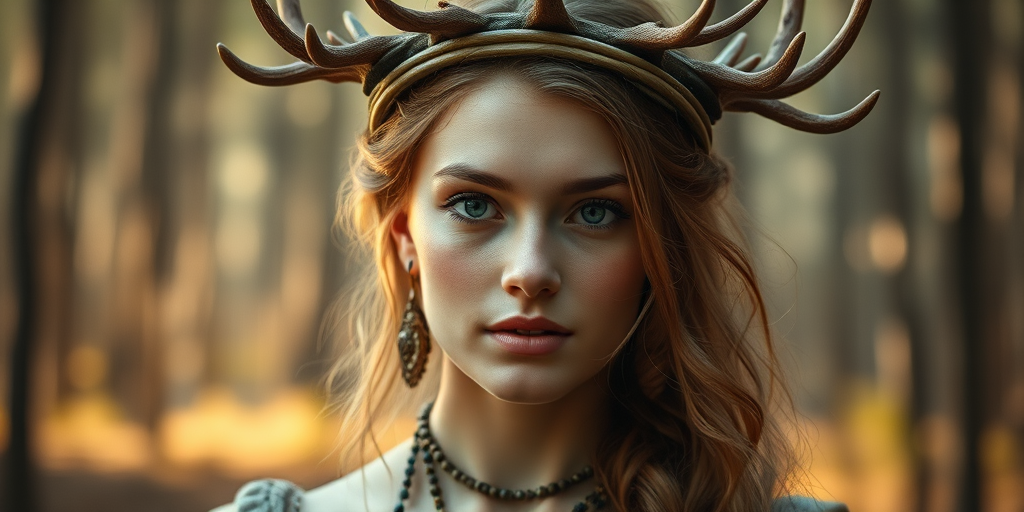 Create a high-resolution portrait of a young woman with enchanting features, wearing a crown of antlers and adorned with nature-inspired jewelry, set in a mystical forest background with soft, diffused lighting, shot with a Canon EOS R5 using a 50mm f/1.2 lens at ISO 100, aperture f/2.0, and a slight vignette effect for depth.