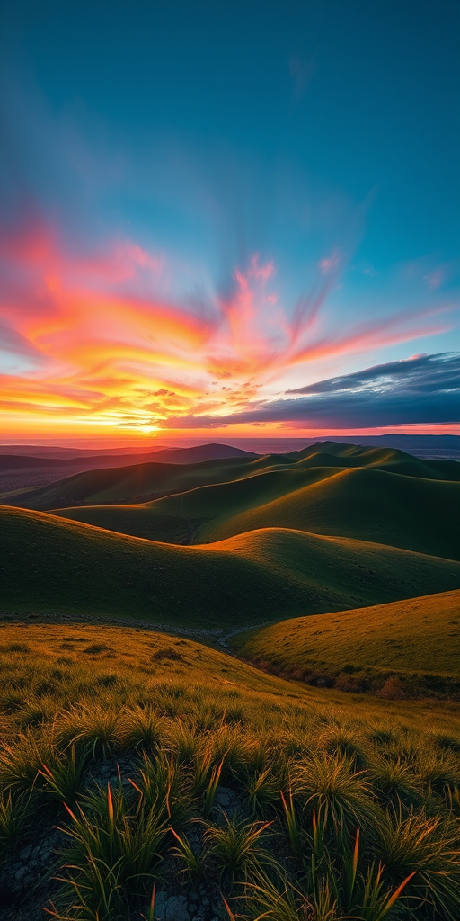 Generate a high-resolution image of a serene landscape featuring rolling hills and a colorful sunset, captured with a Canon EOS R5, 24mm lens, f/8 aperture, ISO 100, using a wide-angle view to enhance depth and perspective.