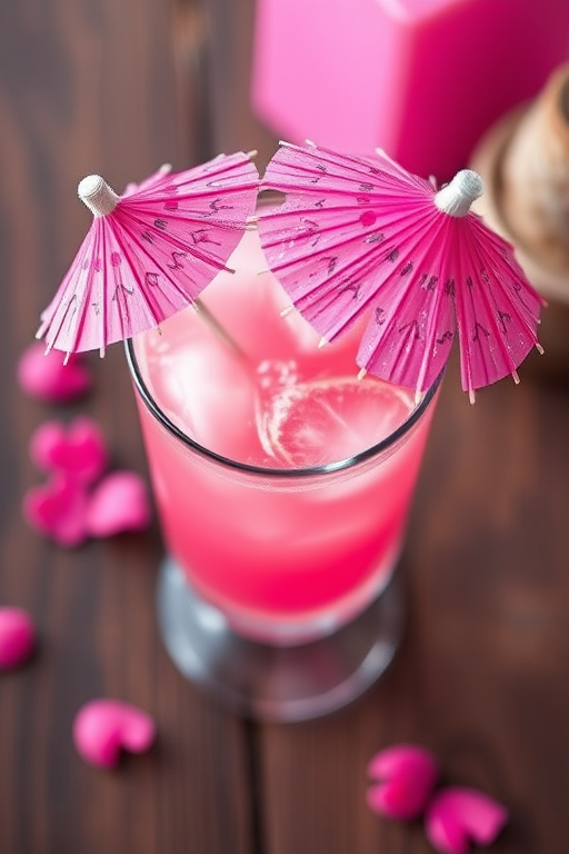 Create a high-resolution image of a pink drink in a clear glass with a pink umbrella, using a Canon EOS 5D Mark IV, aperture f/2.8, ISO 100, with a 50mm lens, top-down view, digital art style.