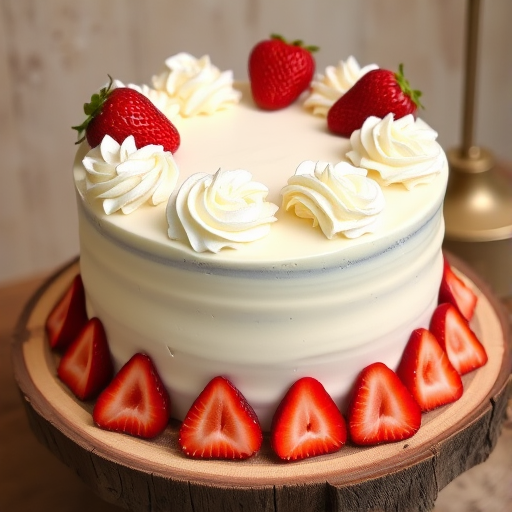 A round white cake decorated with whipped cream rosettes and fresh strawberry slices on top and around the bottom, displayed on a wooden cake stand with a rustic background.