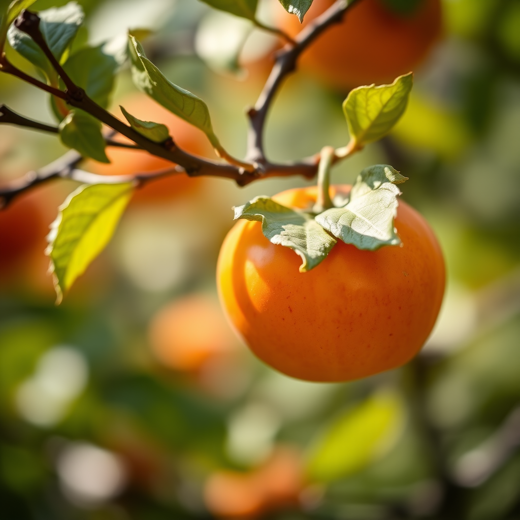 high-resolution close-up of a persimmon on a branch with a blurred background, natural lighting, f/2.8 aperture, ISO 100, 50mm lens, shallow depth of field, DSLR camera